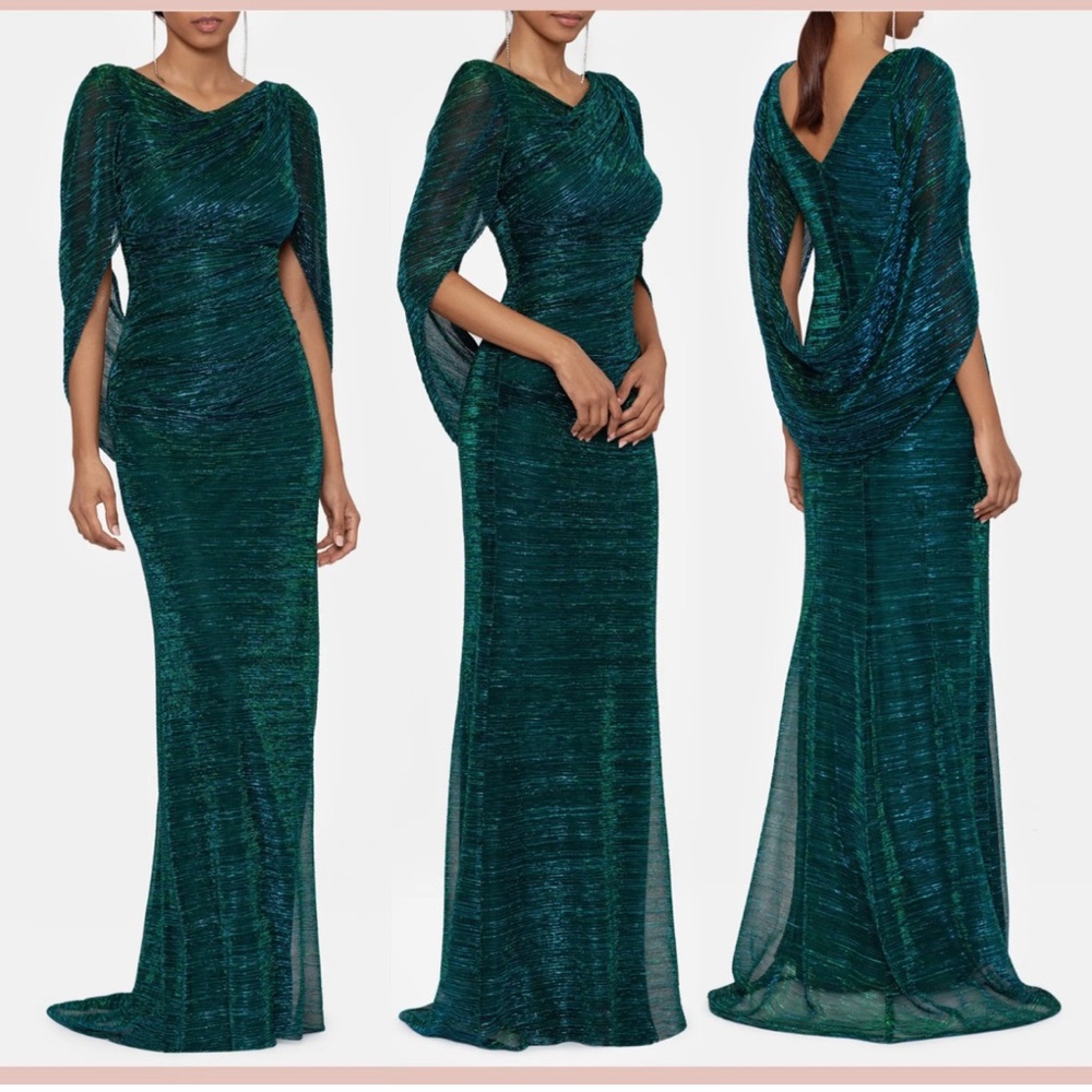 BETSEY ADAM TASMIN METALLIC JADE GREEN CAPE SLEEVE FORMAL MERMAID DRESS NWT Sz14